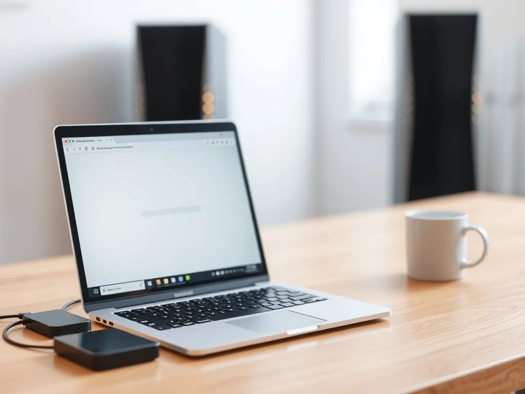 Laptop z wczytującą się stroną WordPress, obok dysk zewnętrzny i serwery w tle, symbol migracji witryny na inny serwer.