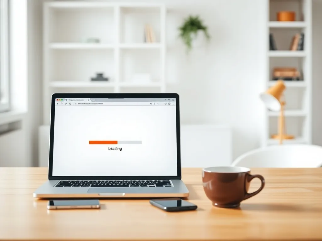 Minimalistyczne biuro domowe z laptopem pokazującym szybko ładującą się stronę WordPress na czystym, jasnym biurku.