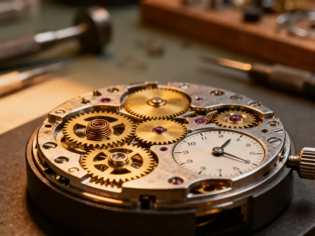 Zbliżenie na precyzyjny mechanizm zegarka chronograficznego z widocznymi kołami zębatymi i sprężynami.