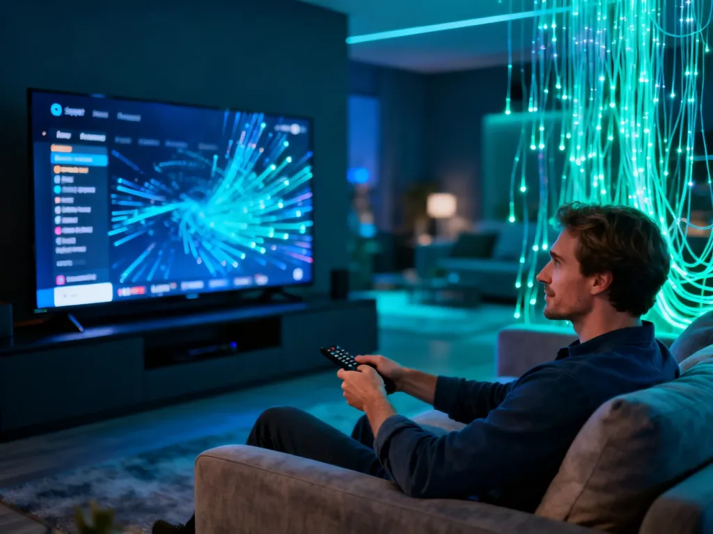 Mężczyzna z pilotem przed nowoczesnym telewizorem wyświetlającym dane streamingowe, ilustrujący działanie technologii IPTV.