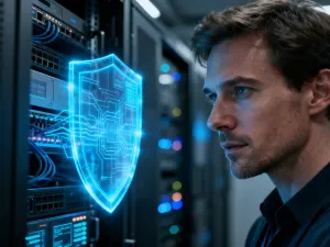 Specjalista ds. cyberbezpieczeństwa pracujący przy nowoczesnym stanowisku z holograficzną ikoną tarczy ochronnej.