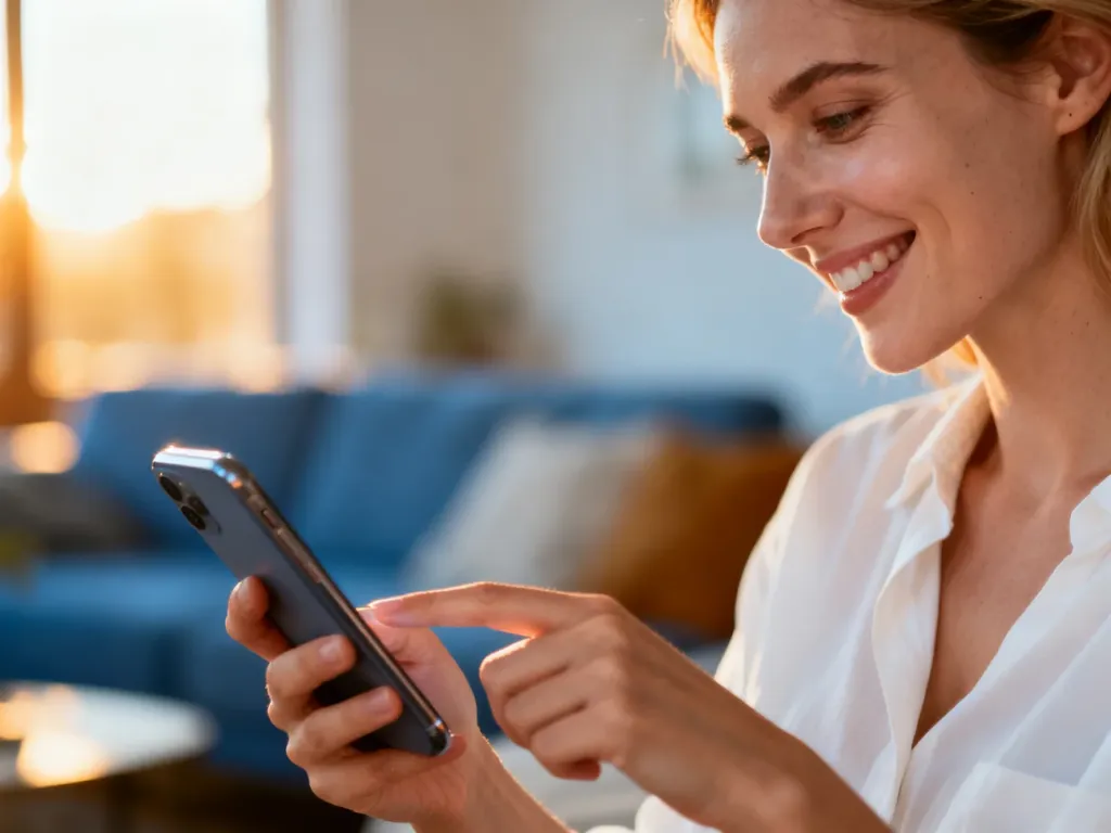 Uśmiechnięta kobieta korzystająca ze smartfona w przytulnym salonie, ilustrująca łatwość obsługi komunikatora Viber.