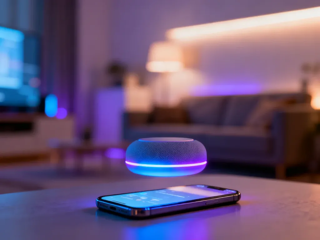 Futurystyczny interfejs cyfrowego asystenta Bixby unoszący się nad nowoczesnym smartfonem w przytulnym wnętrzu.
