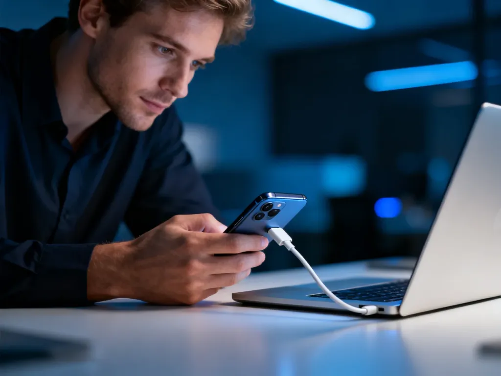 Mężczyzna podłączający smartfon do laptopa za pomocą kabla USB w celu przeprowadzenia zaawansowanej konfiguracji urządzenia.