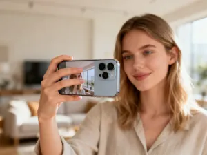Futurystyczny interfejs cyfrowego asystenta Bixby unoszący się nad nowoczesnym smartfonem w przytulnym wnętrzu.