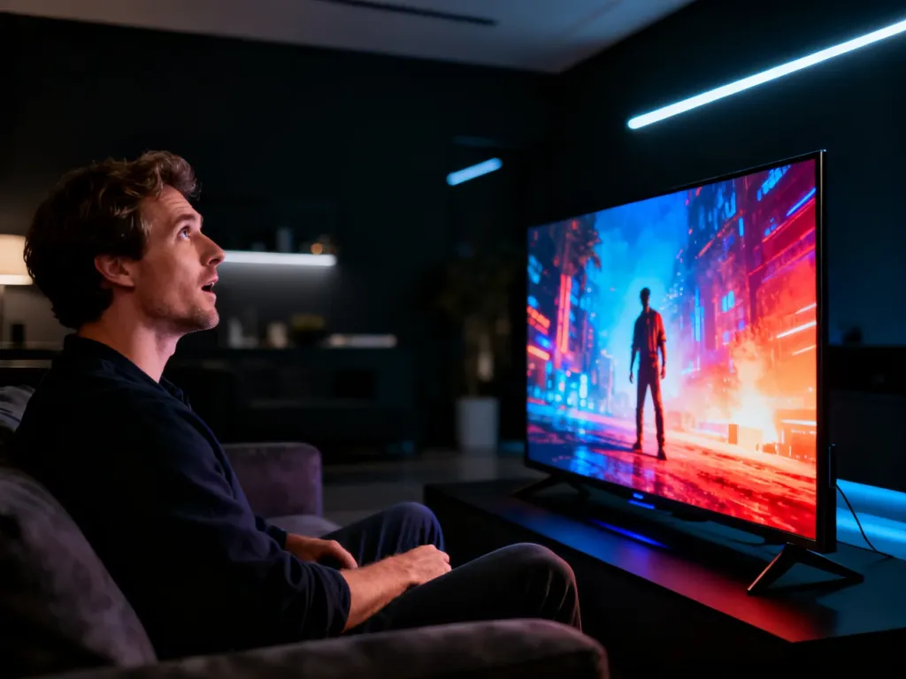 Mężczyzna oglądający film na nowoczesnym telewizorze w przytulnym salonie, prezentujący wysoką jakość obrazu Dolby Vision.