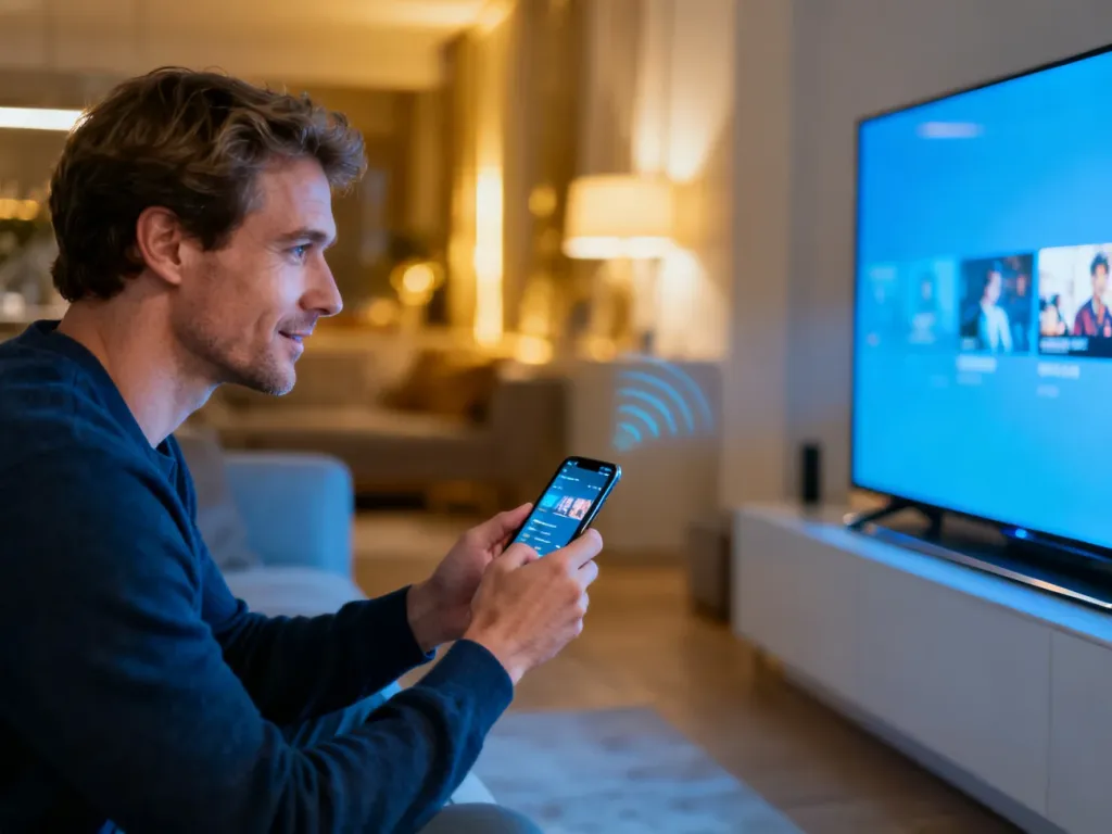 Mężczyzna przesyła bezprzewodowo obraz ze smartfona na ekran telewizora w nowoczesnym salonie.