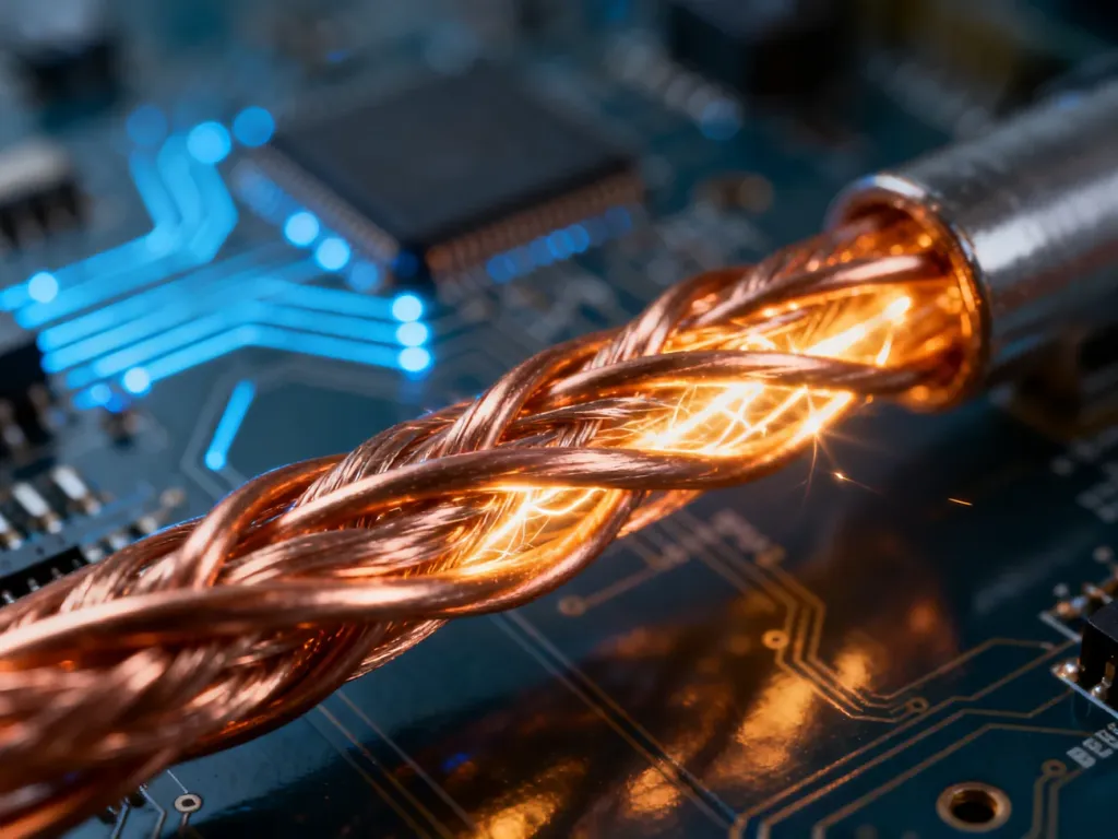 Zbliżenie na miedziany przewód elektryczny z widoczną teksturą metalu, symbolizujące przepływ prądu i rezystancję.
