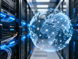 Ekran laptopa z panelem zarządzania serwerem i ikoną chmury, symbolizujący konfigurację Cloudflare dla strony WordPress.