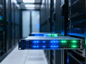 Nowoczesne stanowisko pracy z laptopem wyświetlającym powiadomienia o statusie systemu na ekranie.