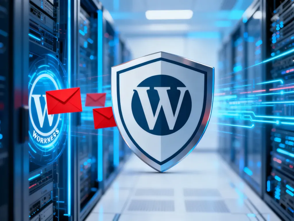 Tarcza ochronna blokująca napływający spam w formie czerwonych kopert przed portalem WordPress.