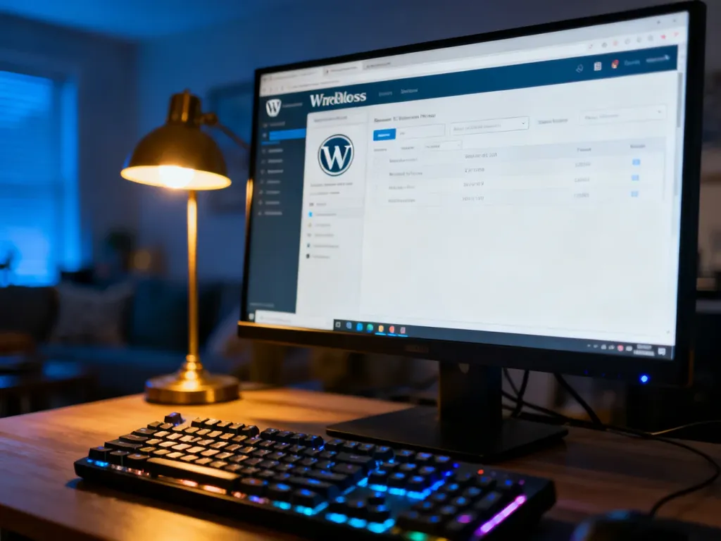 Panel administracyjny WordPress widoczny na monitorze komputera w przytulnym domowym biurze.