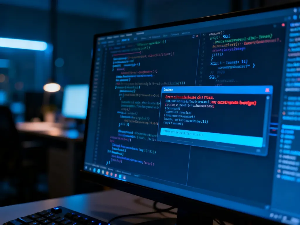 Ekran komputera z wyświetlonym kodem SQL i komunikatem o błędzie bazy danych w środowisku programistycznym.