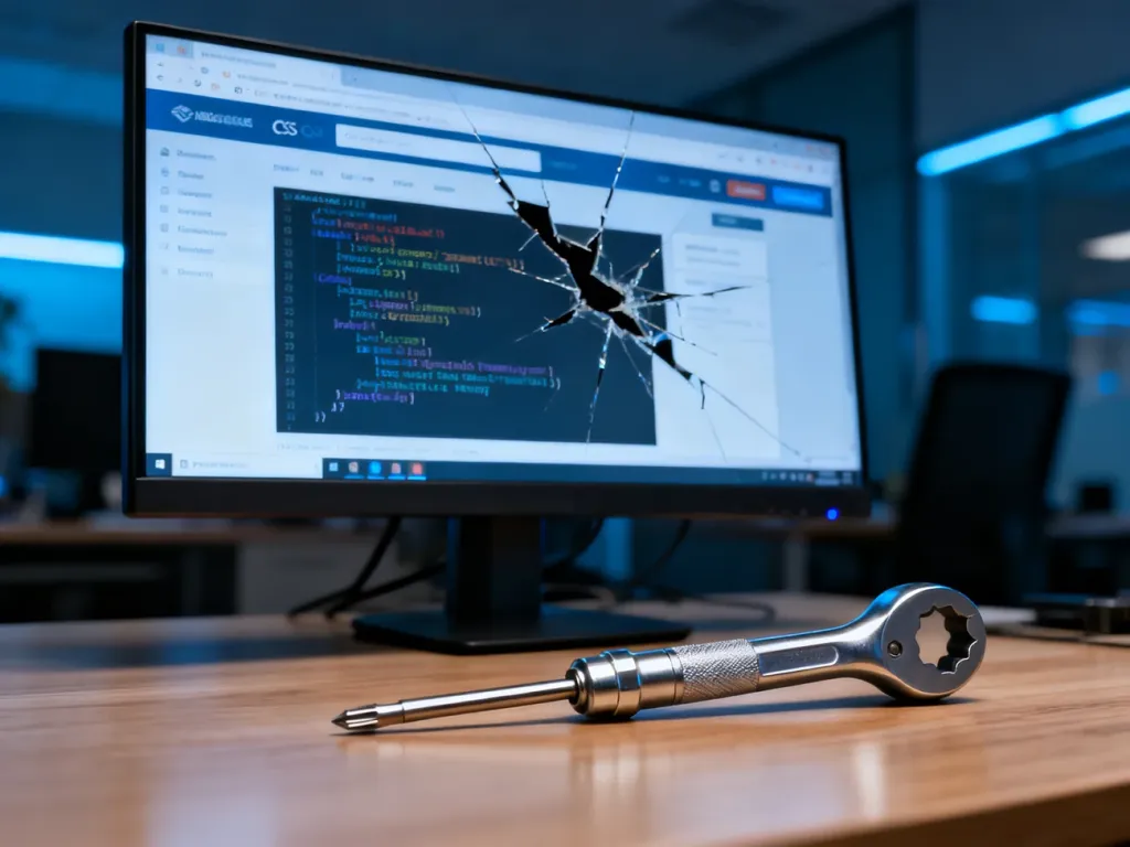 Ekran komputera z błędami wyświetlania strony WordPress oraz narzędzia serwisowe na biurku, symbolizujące naprawę motywu.
