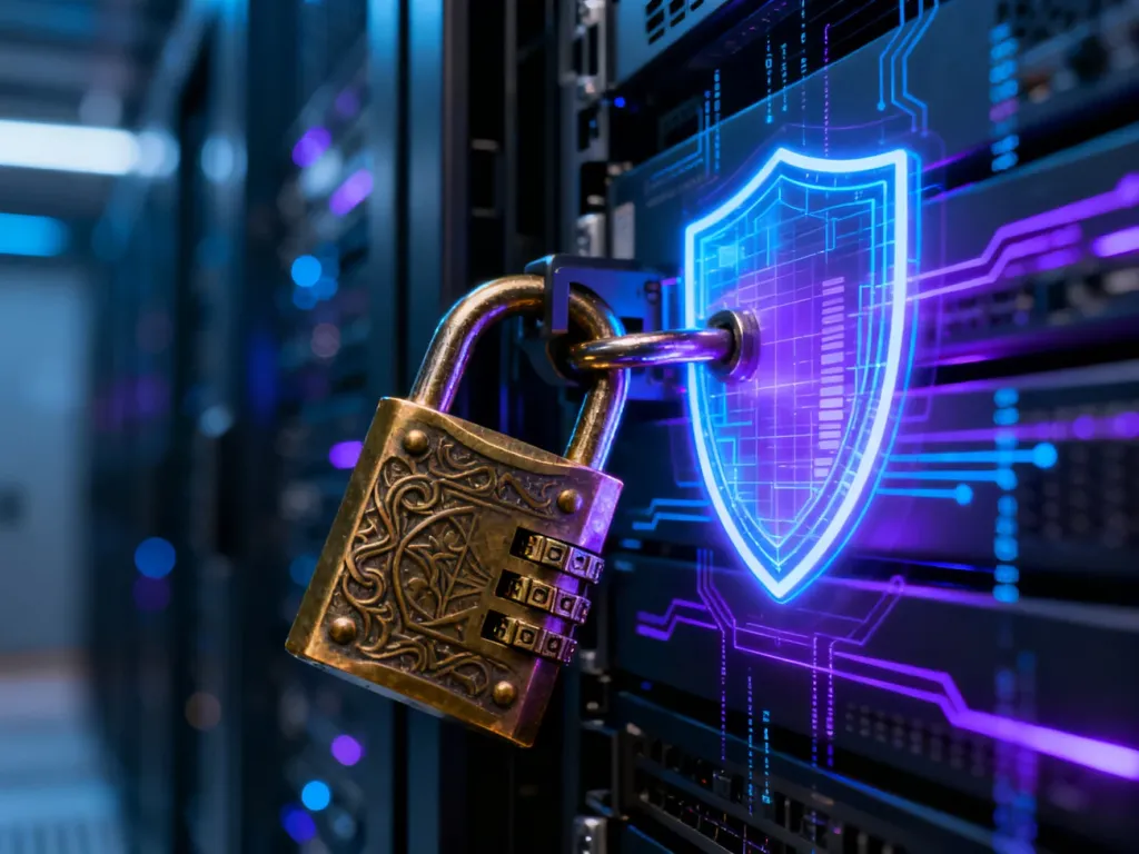 Mosiężna kłódka na cyfrowej tarczy, symbolizująca zabezpieczenie panelu logowania WordPress przed cyberatakami.