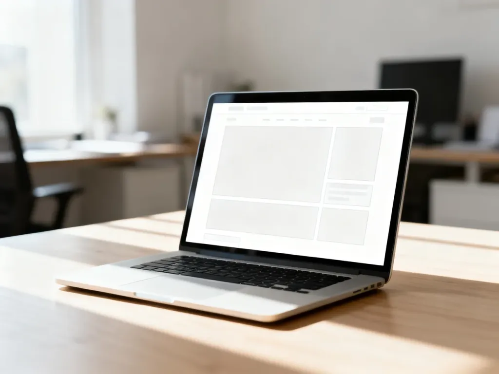 Nowoczesny laptop na drewnianym biurku z minimalistycznym projektem strony internetowej na ekranie.