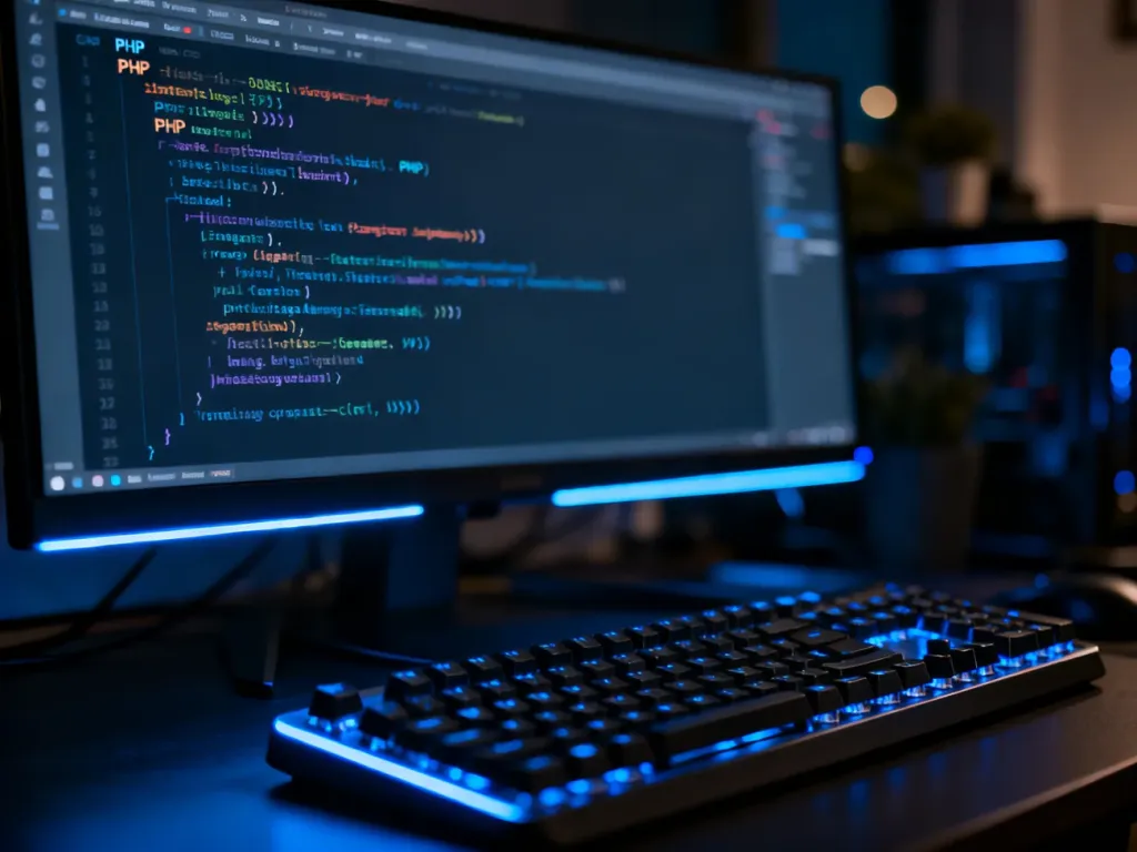 Fragment kodu PHP wyświetlony na monitorze komputera z podświetlaną klawiaturą w tle.