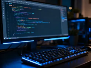 Ekran komputera z kodem bazy danych i ikoną błędu na tle serwerowni, ilustrujący problem z bazą WordPress.