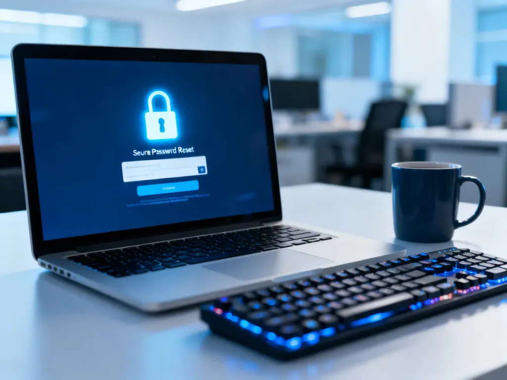 Nowoczesny laptop z ekranem logowania i ikoną kłódki na biurku, symbolizujący bezpieczną zmianę hasła w WordPress.
