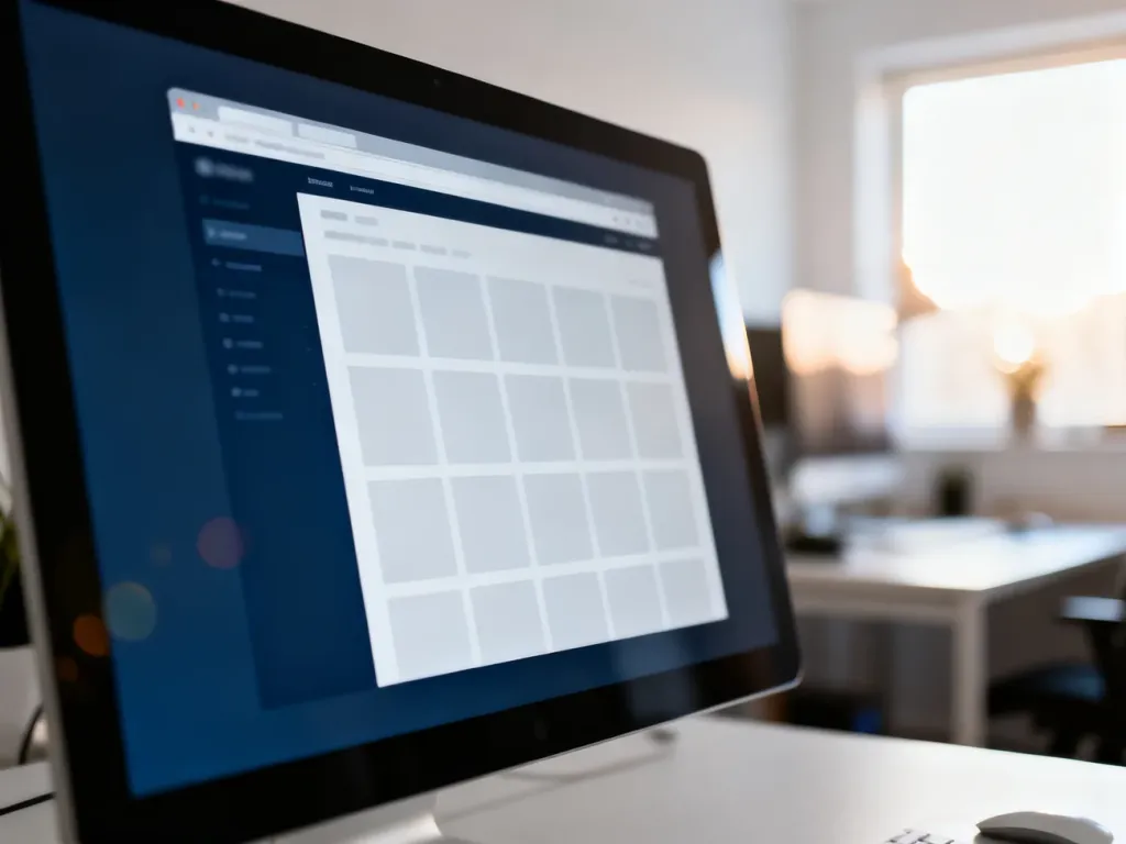 Nowoczesne stanowisko pracy z monitorem wyświetlającym siatkę układu strony internetowej.