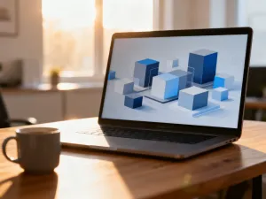 Ekran laptopa z kodem źródłowym i ikoną odświeżania, symbolizujący proces aktualizacji motywu strony internetowej.