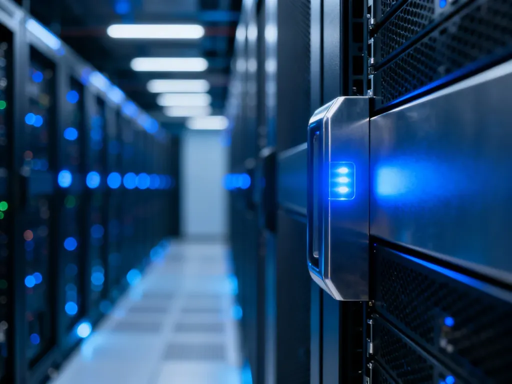 Nowoczesna serwerownia z podświetlanym szafami rack, symbolizująca infrastrukturę techniczną dla strony WordPress.