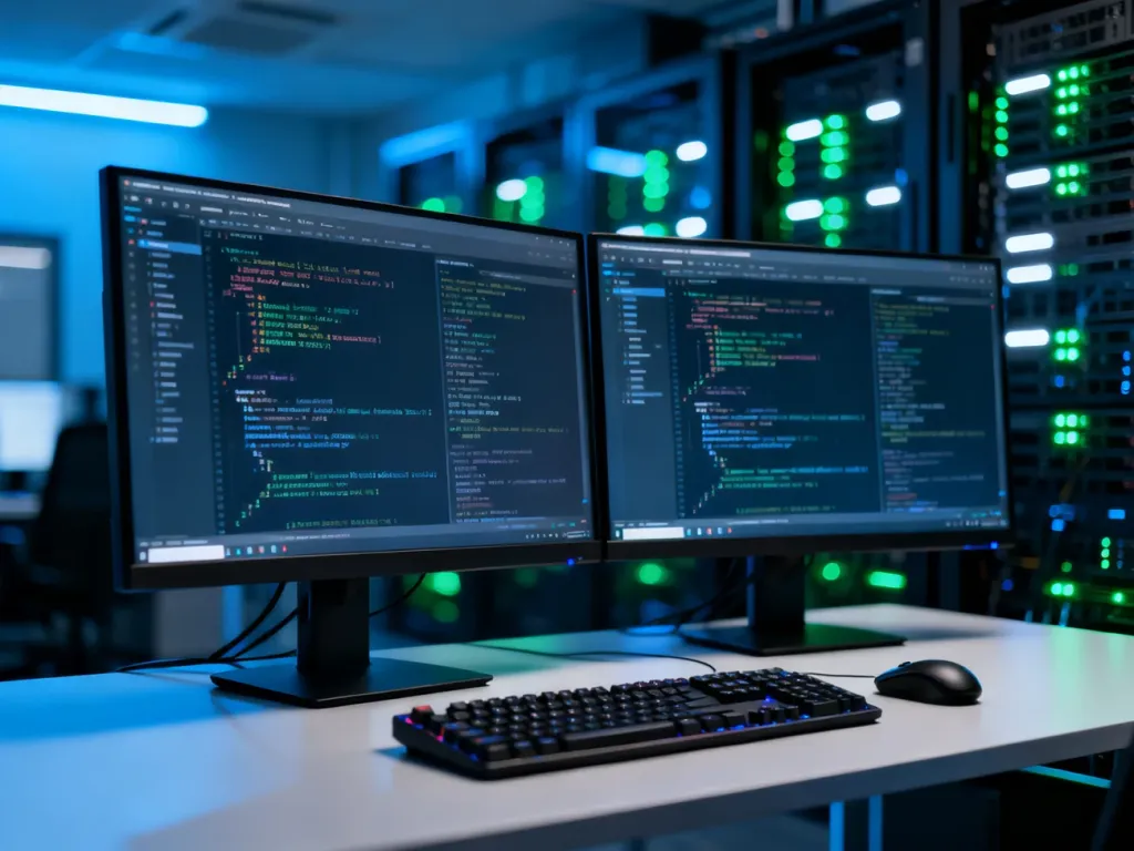 Nowoczesne stanowisko programisty z dwoma monitorami wyświetlającymi kod, symbolizujące proces synchronizacji danych.