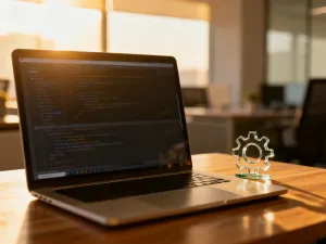 Ekran laptopa z wyświetloną cyfrową wizualizacją mapy witryny w formie połączonych węzłów na minimalistycznym biurku.
