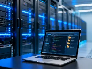 Nowoczesny laptop z zaszyfrowanym kodem, symbolizujący zabezpieczanie danych i ukrywanie informacji w systemie WordPress.