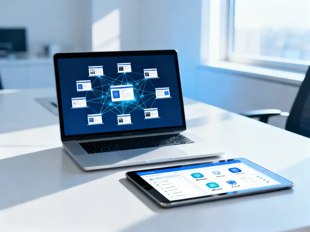 Nowoczesne stanowisko pracy z laptopem wyświetlającym sieć połączonych witryn oraz tablet z panelem zarządzania wtyczkami.
