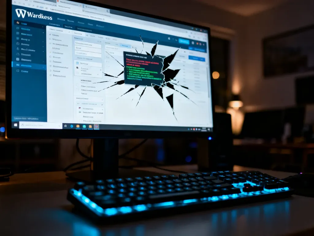 Ekran monitora z błędem w panelu WordPress oraz podświetlana klawiatura w ciemnym biurze, ilustrujące problem z Customizerem.