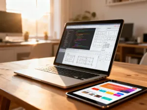 Ekran laptopa z wyświetlonym logiem błędów serwera w nowoczesnym biurze, symbolizujący problemy techniczne z pocztą e-mail.