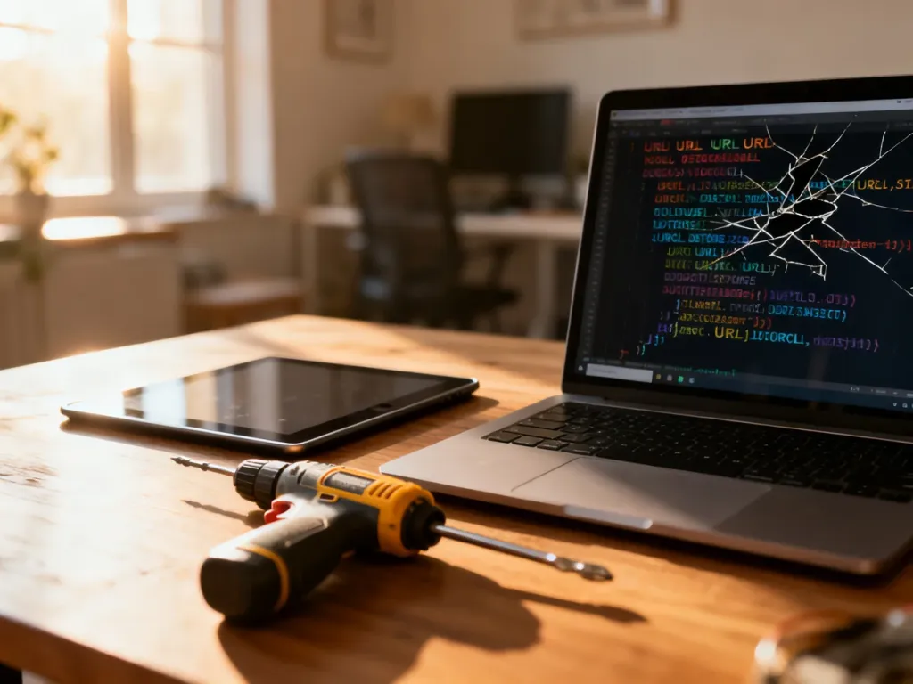 Laptop z kodem bazy danych i narzędzia na biurku, symbolizujące proces naprawy uszkodzonych linków w WordPressie.