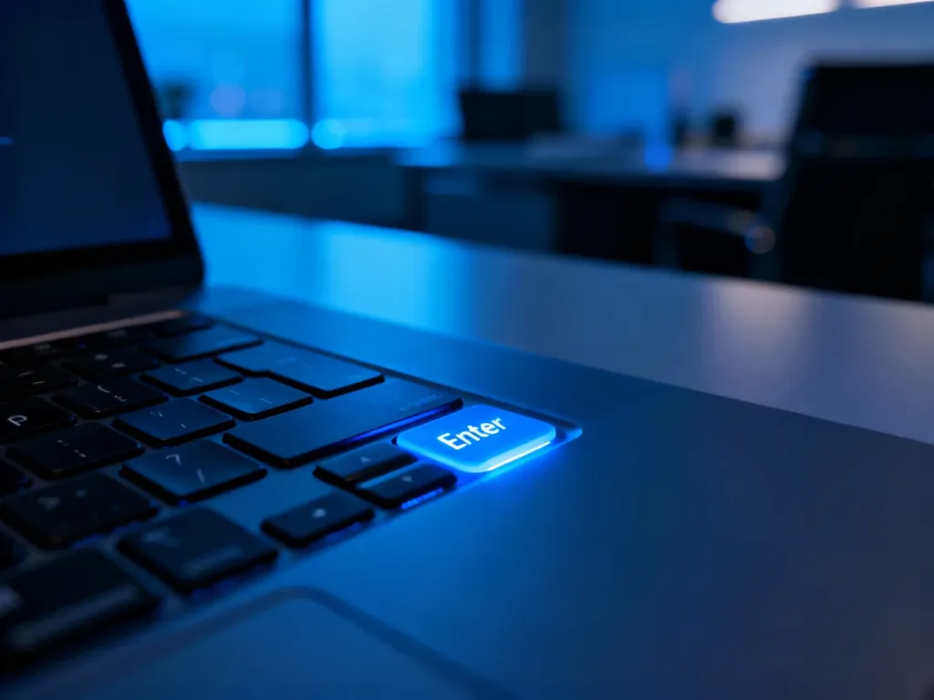 Nowoczesna klawiatura laptopa z podświetlanym klawiszem Enter, symbolizująca zarządzanie sesjami i bezpieczeństwo w sieci.