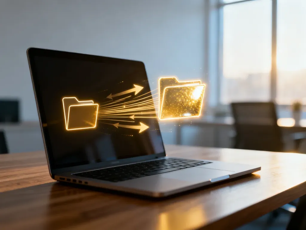 Nowoczesny laptop na biurku z wizualizacją cyfrowej migracji danych między folderami, symbolizującą zmianę domeny WordPress.