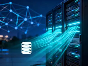 Nowoczesna serwerownia z rzędami świecących diod LED, symbolizująca infrastrukturę techniczną dla witryn WordPress.