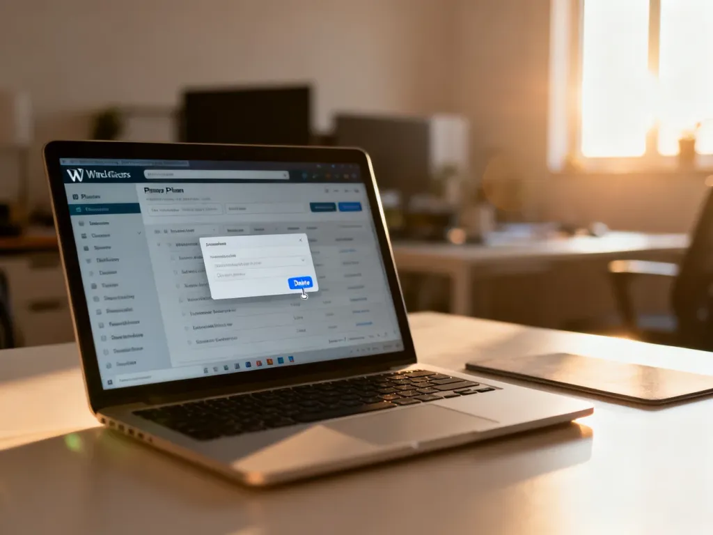 Ekran laptopa z panelem zarządzania wtyczkami WordPress, na którym kliknięto przycisk usuwania w minimalistycznym biurze.