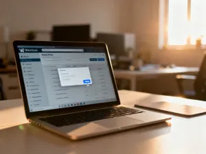 Nowoczesne centrum danych z serwerami oraz laptopem z panelem zarządzania stroną internetową.