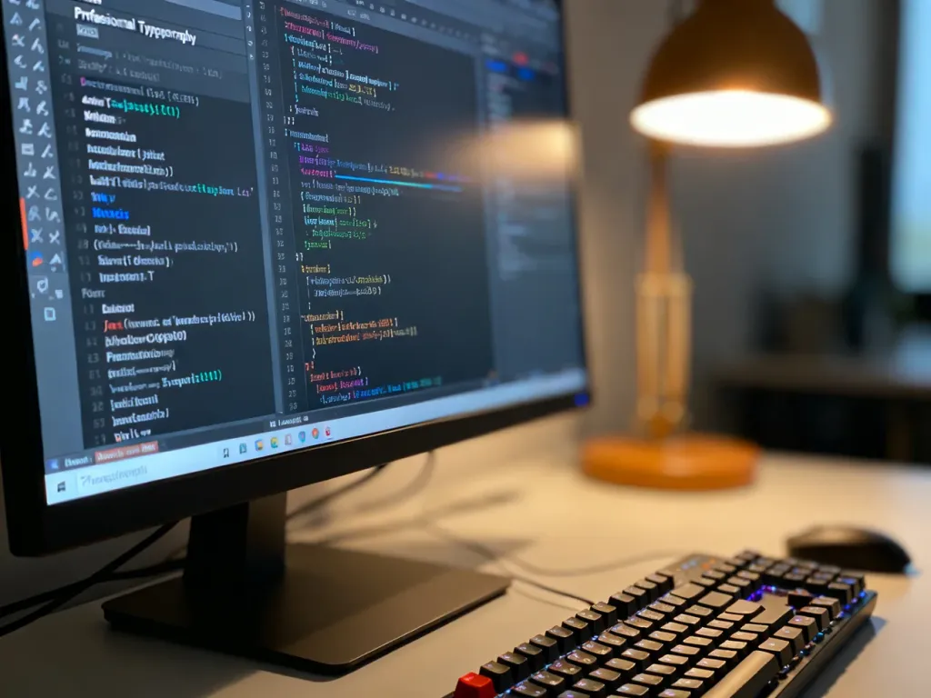 Ekran komputera z oprogramowaniem do edycji czcionek i kodem, ilustrujący proces lokalnego hostowania fontów w WordPress.
