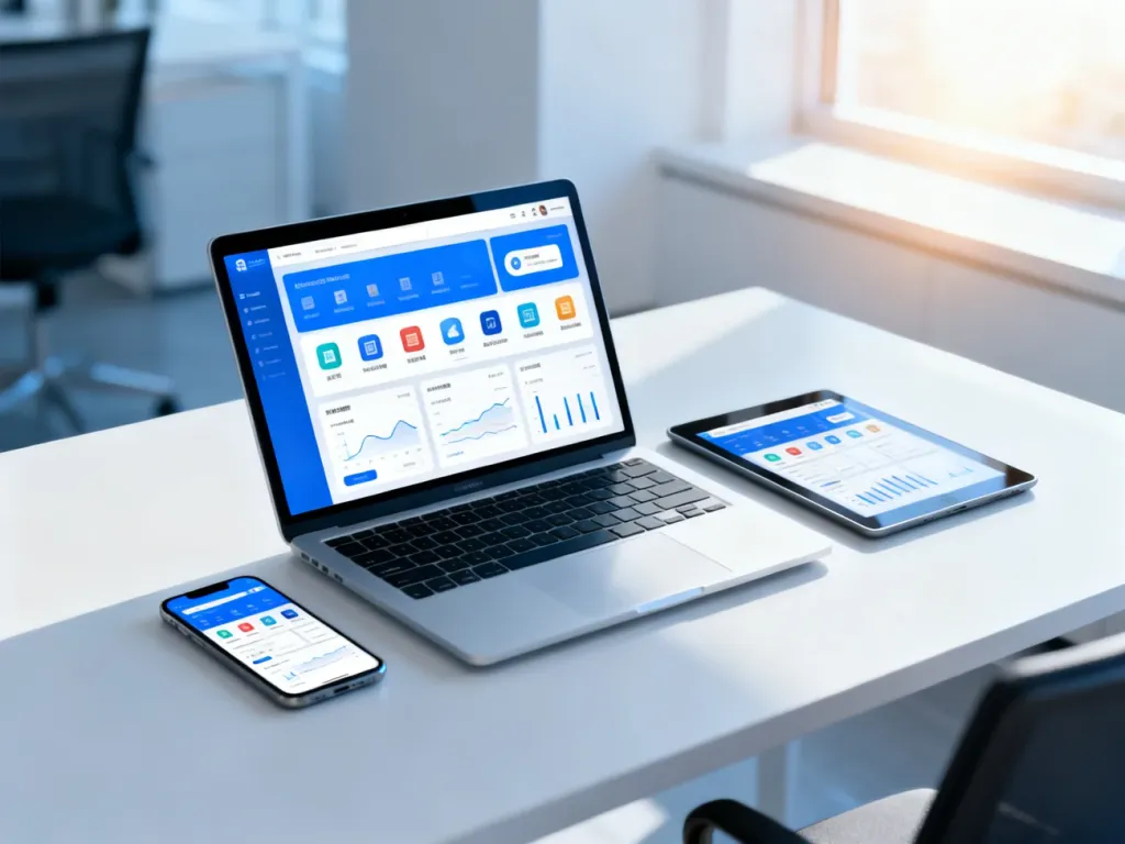 Nowoczesne stanowisko pracy z laptopem, tabletem i smartfonem, które prezentują zsynchronizowane dane z wielu stron WordPress.