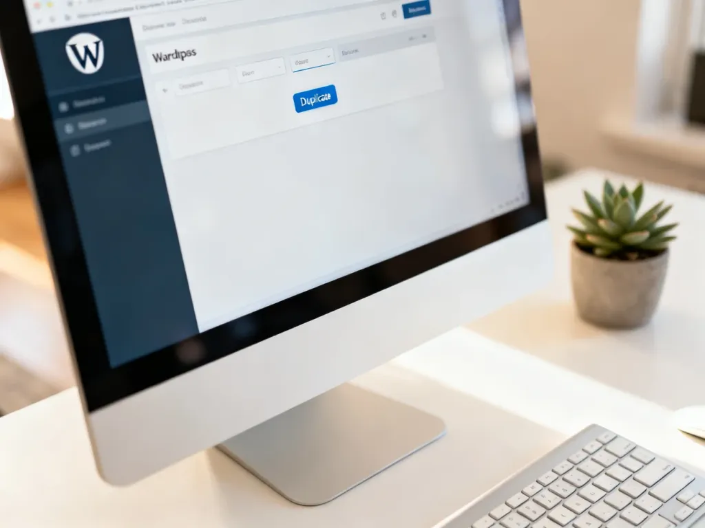 Panel nawigacyjny WordPress z wyróżnionym przyciskiem „Duplicate” na ekranie monitora w biurze.