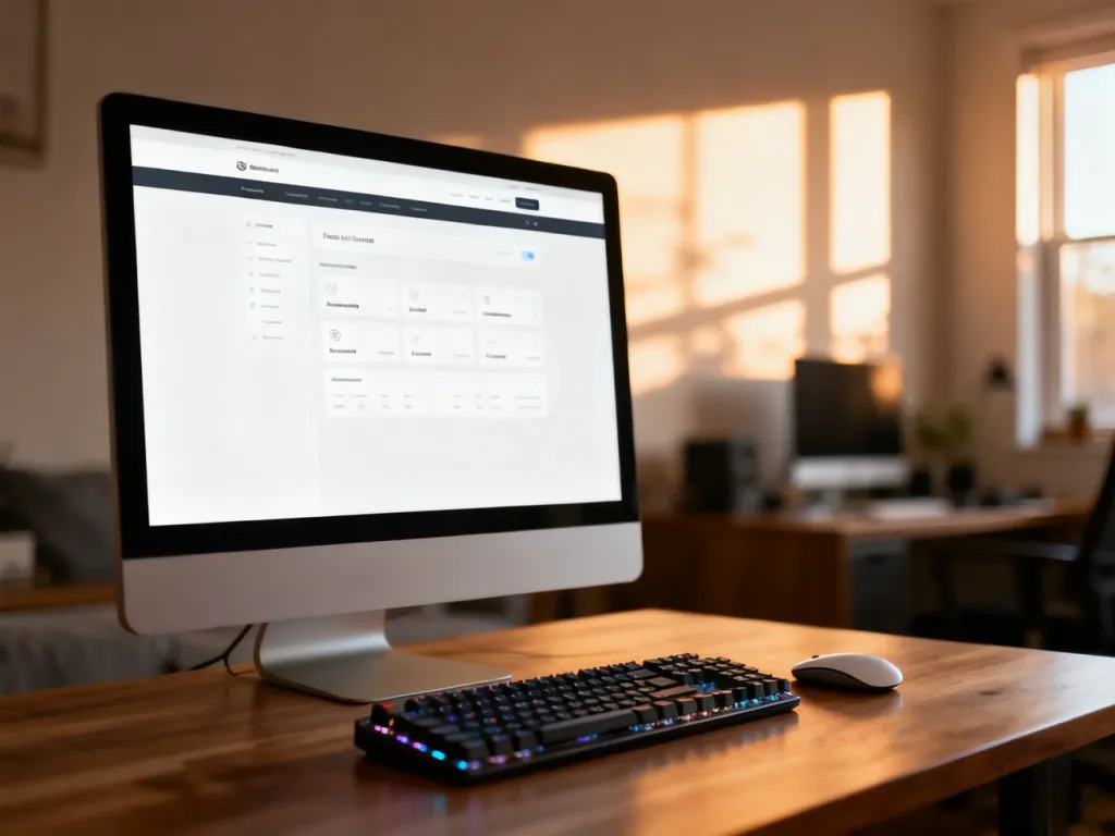 Nowoczesne stanowisko pracy z monitorem wyświetlającym panel zarządzania stroną internetową na drewnianym biurku.