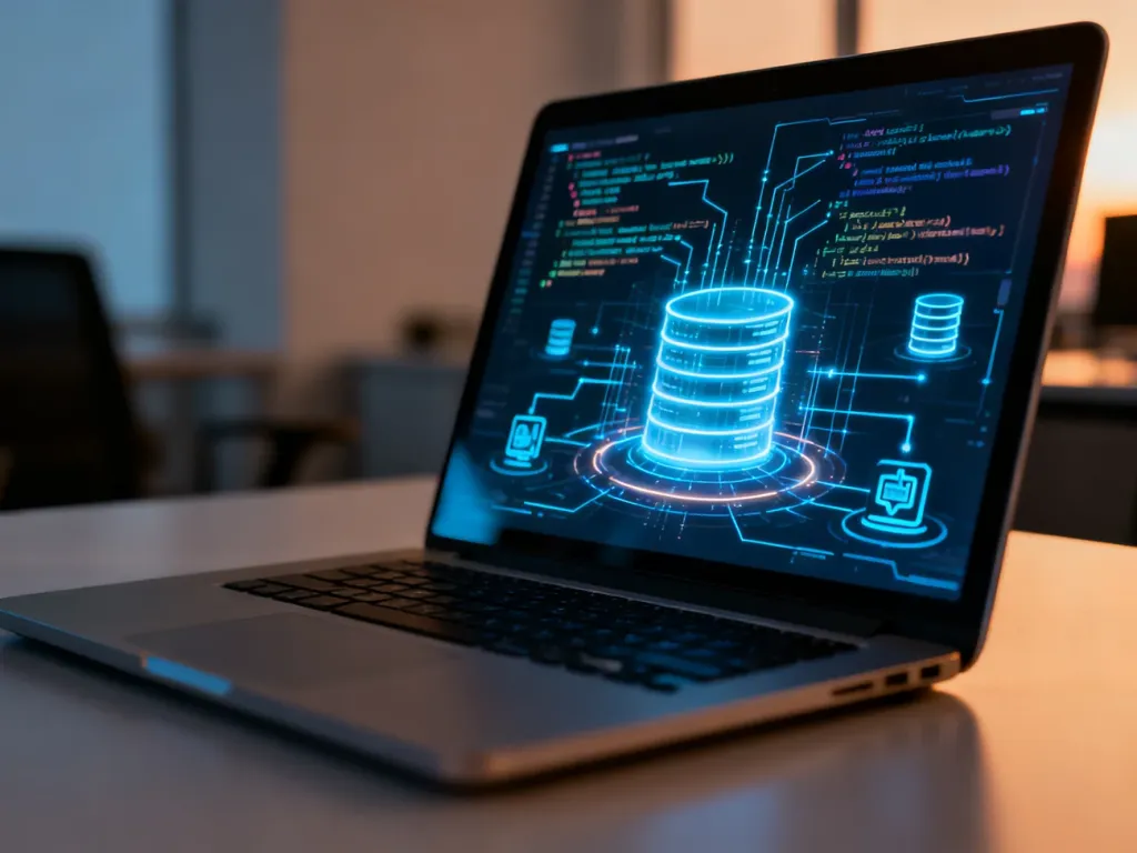 Nowoczesny laptop z wizualizacją struktury bazy danych, symbolizujący proces optymalizacji i czyszczenia systemu WordPress.