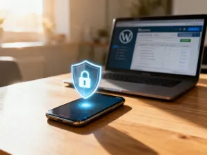 Nowoczesne stanowisko pracy programisty z laptopem wyświetlającym kod, idealne do tworzenia motywów WordPress.