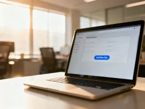 Ekran komputera z kodem bazy danych i ikoną błędu na tle serwerowni, ilustrujący problem z bazą WordPress.