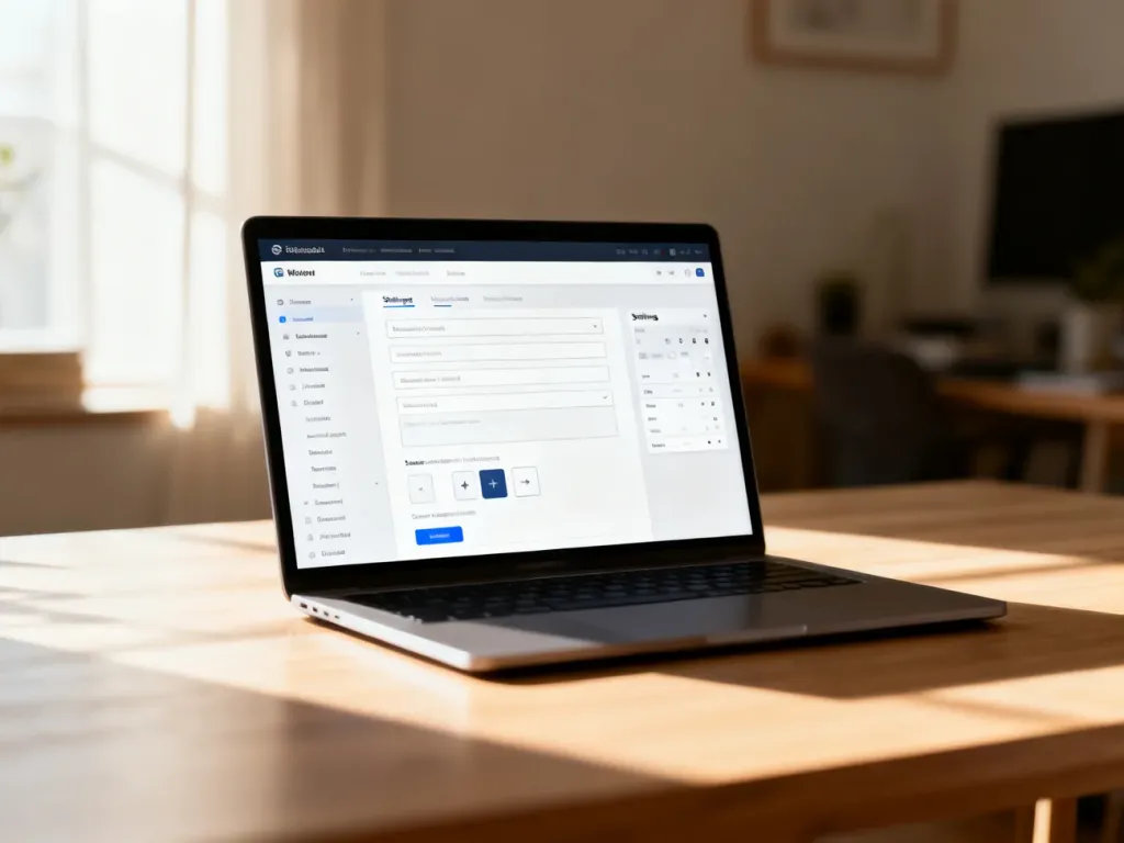 Ekran laptopa z otwartym interfejsem edycji formularza w WordPress na biurku w przytulnym domowym biurze.