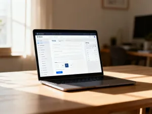 Nowoczesne stanowisko pracy z laptopem i smartfonem, prezentujące minimalistyczny projekt strony internetowej.