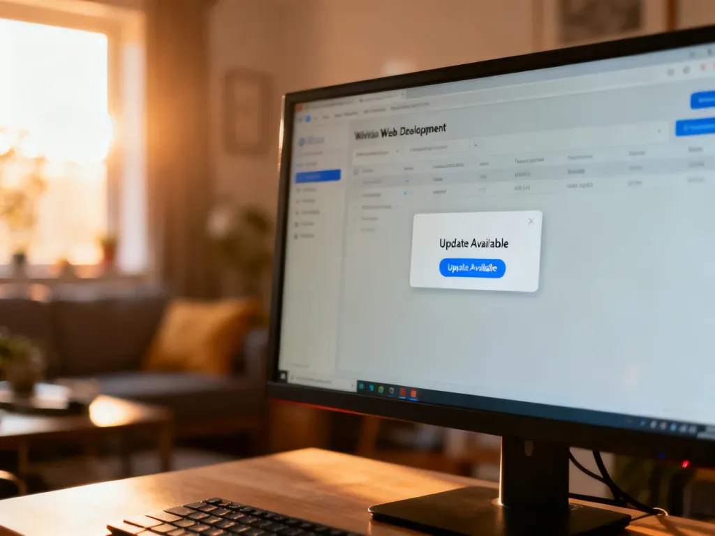 Ekran komputera z powiadomieniem o dostępnej aktualizacji motywu w minimalistycznym interfejsie programistycznym.