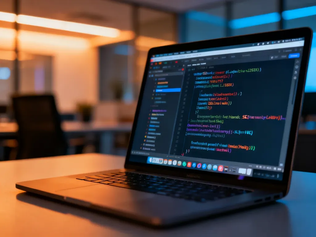 Ekran laptopa z widocznym kodem źródłowym i strukturą meta tagów SEO w nowoczesnym biurze.