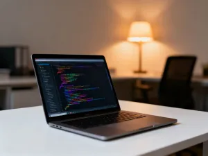 Nowoczesny laptop z otwartym kalendarzem rezerwacji w przytulnym domowym biurze, gotowy do obsługi klientów online.